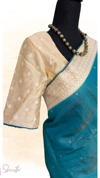 Pure handloom peacock green Tussar silk saree with gold zari embroidered border and prestitched blouse