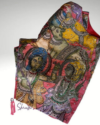 Pure Kalamkari hand-painted soft cotton blouse with embroidered designs, ready-to-wear Indian ethnic wear.