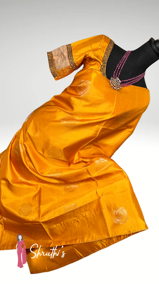Mehendi silk saree online USA in vibrant yellow with blouse.