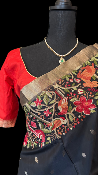 Black soft silk kanjivaram’s prestitched blouse border online usa
