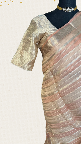 Soft tissue Banaras silk saree in pink shade with fine gold zari and lined blouse, fall pico done.