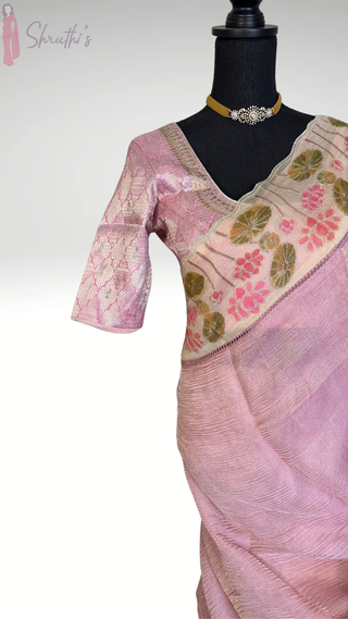 pink handloom crushed tissue silk saree with pichwai embroidered borders and stitched blouse partywear saree usa online shopping free shipping