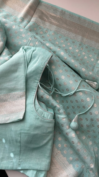 Premium pastel cyan linen saree with silver border ready to wear with pico and fall