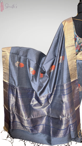 premium grey jute silk saree handloom kalamkari stitched blouse festive wear