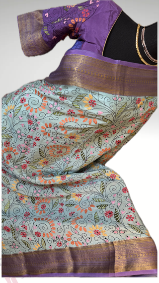 Premium Pure Mysore Crepe Silk Saree with embroidered stitched blouse, ideal for bridal, festive, and traditional Indian occasions.
