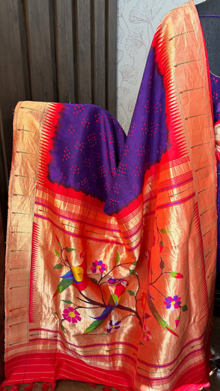 Premium purple bandhani paithani silk saree with fine weave and smooth drape