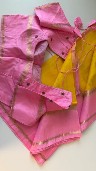 Premium yellow pink tissue soft silk saree handloom weave with detailed embroidered blouse