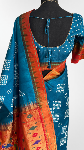 Buy authentic Bandhani Paithani silk saree in Blue Green with handwoven copper zari border and ready-to-wear blouse online in USA.