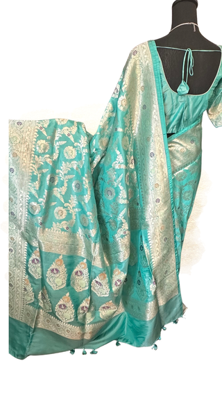 Pure Benerasi handloom silk saree in sea green with prestitched blouse