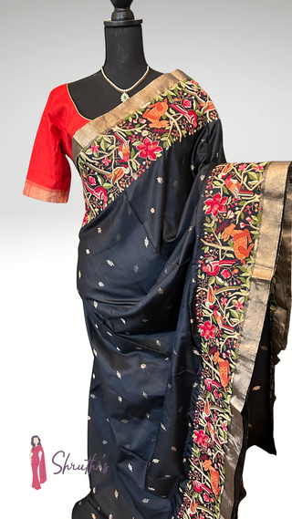 Pure black soft silk saree USA online sale with pettippint hand embroidery Indian wedding wear.