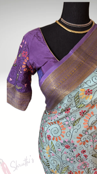 Pure Crepe High GSM Mysore Soft Silk Saree with embroidered stitched blouse and pure zari for Indian bridal weddings, available online in the USA.