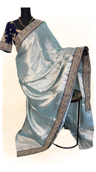 Pure double tissue Banaras silk saree tan color with gold zari embroidery and prestitched blouse