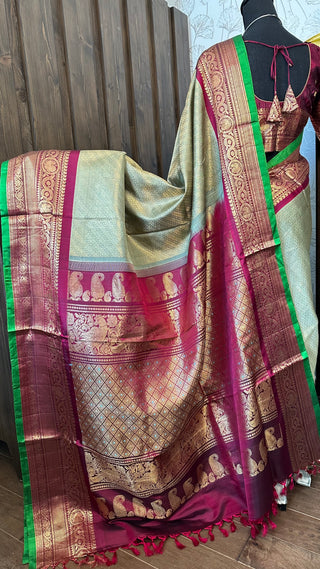 Olive green maroon dual tone Gadwal saree with prestitched embroidered blouse