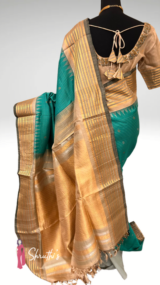 Pure Gadwal handwoven silk saree green to beige gold zari bridal saree online USA