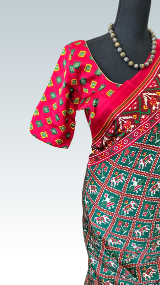 Pure Gajji satin ikat silk saree with prestitched blouse in elegant finish