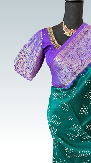 Pure green Chinya silk Bandhej saree with stitched blouse and silk finish