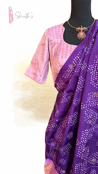 Elegant pure handloom Kanjivaram Bandhini silk pavadai dhavani set with gold zari motifs and matching stitched blouse