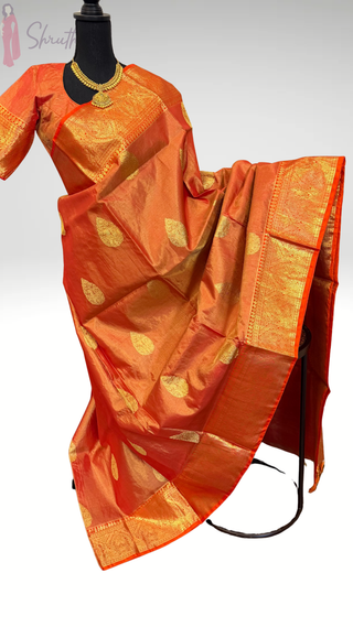 Pure handloom red tissue Kanjivaram silk saree with embroidered stitched blouse ideal for wedding muhurtam, pooja wear and partywear, USA online shopping free shipping.