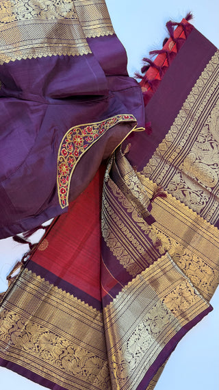 Traditional rust brown Kanjivaram kalyana pattu saree with blouse for bride