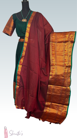 Elegant Mangalagiri cotton lehenga with zari borders, lined skirt and blouse, and handloom dupatta, perfect for Indian festive wear and weddings.