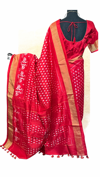 Traditional red ikat silk saree with stitched blouse
