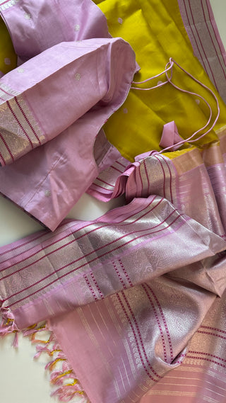 Authentic handloom Kanchipuram pattu saree in pastel hues with pure silver zari weaving and prestitched blouse, available online in USA.