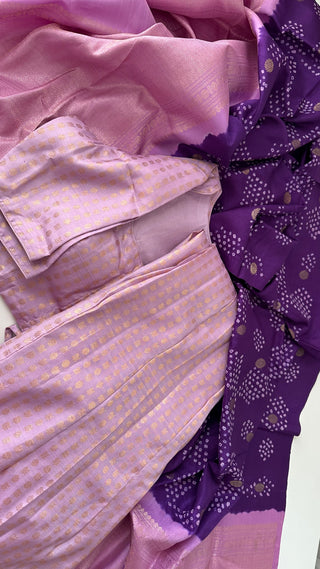 Pure Kanjivaram Bandhini pavadai dhavani set with intricate zari motifs, ideal for bridal and festive occasions