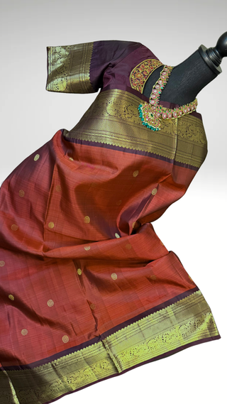 Rust brown Kanjivaram silk saree handloom weave ideal for partywear and wedding ceremonies