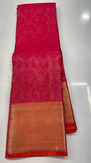 Pure red orange Kanjivaram silk saree with antique zari and heavy brocade weaving