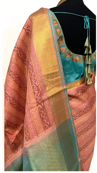 Pure Kanjivaram silk saree with block print design and heavy gold zari border