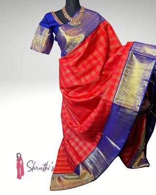 Traditional Kanjivaram Saree Styled for Bridal Wear – Red Kattam Design with Gold Zari and Embroidered Blouse, Ready to Wear Online USA
