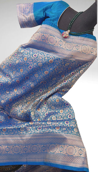 Pure Katan Banarasi silk saree in peacock blue with silver zari
