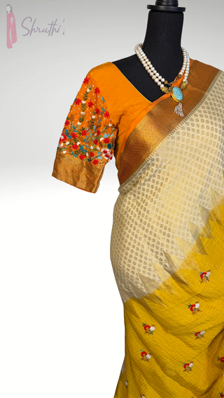 Mustard pure crepe Mysore soft silk saree with Lambani embroidery and stitched designer blouse