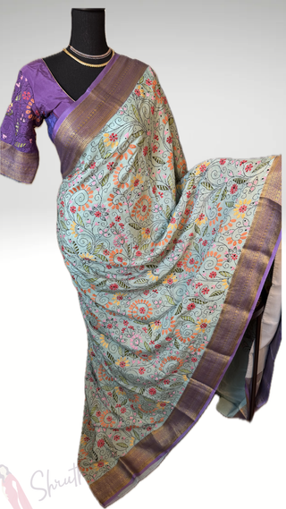 Pure Mysore Soft Silk Saree with embroidered stitched blouse, luxurious crepe silk fabric, ideal for Indian weddings and bridal wear in the USA.