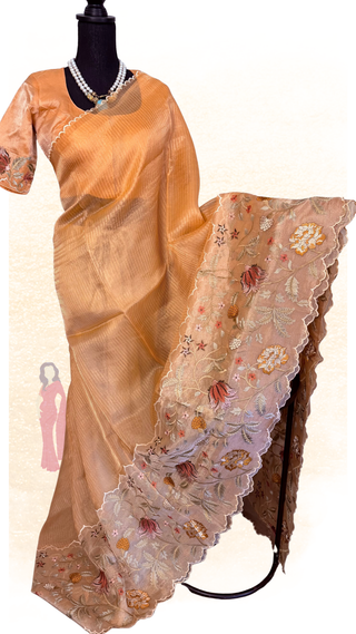 Pure pastel peach Banaras tissue organza silk saree with stitched blouse
