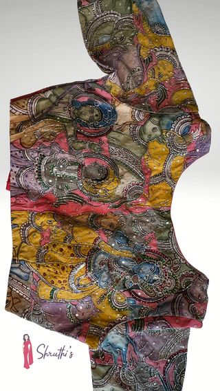 Lined and padded Kalamkari cotton blouse with 11-inch sleeves, available in sizes 36 to 42.