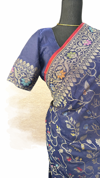 Pure real zari dark blue jamdhani cotton saree with prestitched blouse