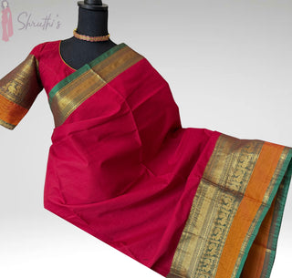 red kanjivaram cotton saree gold zari border stitched blouse festive pooja wear