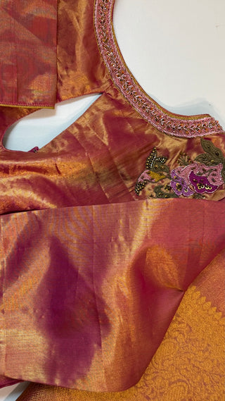 Premium tissue gold Kanchi pattu saree in rose gold shade with hand embroidered blouse 36 to 42.