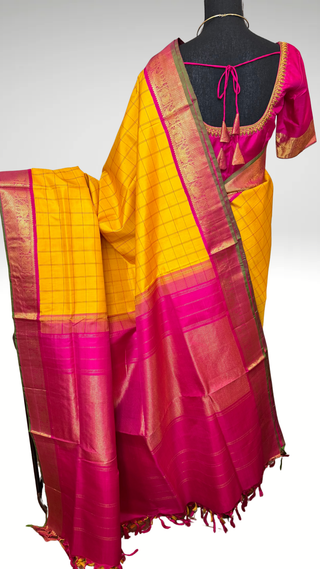 Pure silk yellow Kanjivaram saree with bottle green border and prestitched embroidered blouse available for USA online shopping with free shipping