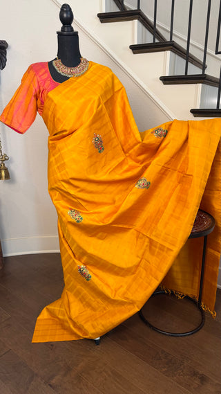 Hand painted Tanjore painting on pure kanjivaram silk saree with rich gold pallu