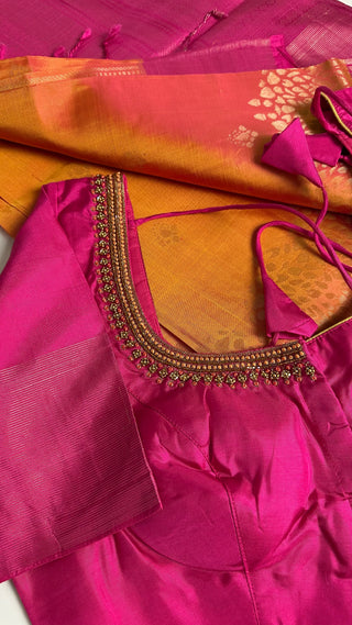 Luxurious handwoven soft silk saree in vibrant yellow and pink tones, crafted for weddings and festive occasions.