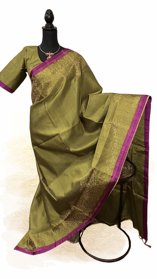 Pure soft silk saree with Pichwai motifs and stitched blouse, perfect for bridal wear.