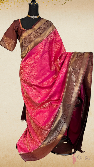 Handcrafted pure soft silk saree with intricate Pichwai motifs and a stitched blouse, perfect for weddings and festive occasions.