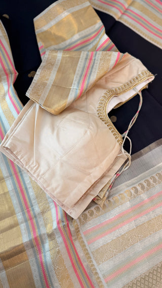 Handwoven black Kanjivaram saree crafted with traditional pure zari