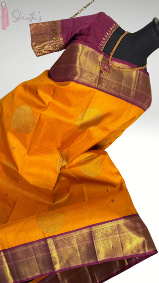 Handloom Kanjivaram yellow silk saree with gold zari and embroidered stitched blouse for wedding pellicheera USA free shipping.