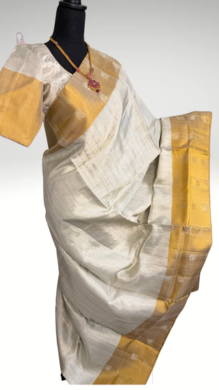 Handwoven Kanjivaram gold beige tissue saree with silver gold border, wedding pellicheera saree, stitched blouse 36 to 42, ships worldwide.