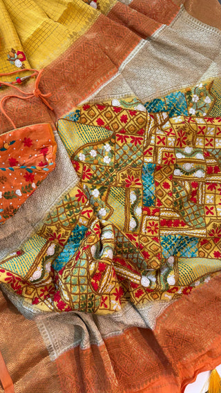 Mustard crepe Mysore saree woven with high GSM pure zari and smooth texture