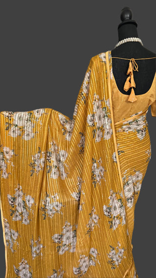Pure silk georgette sequin mustard saree partywear online shopping usa 