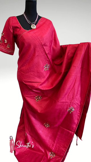 Red Tussar silk partywear saree with fine weave and embroidery, lightweight and soft, stitched blouse included – USA online shopping.